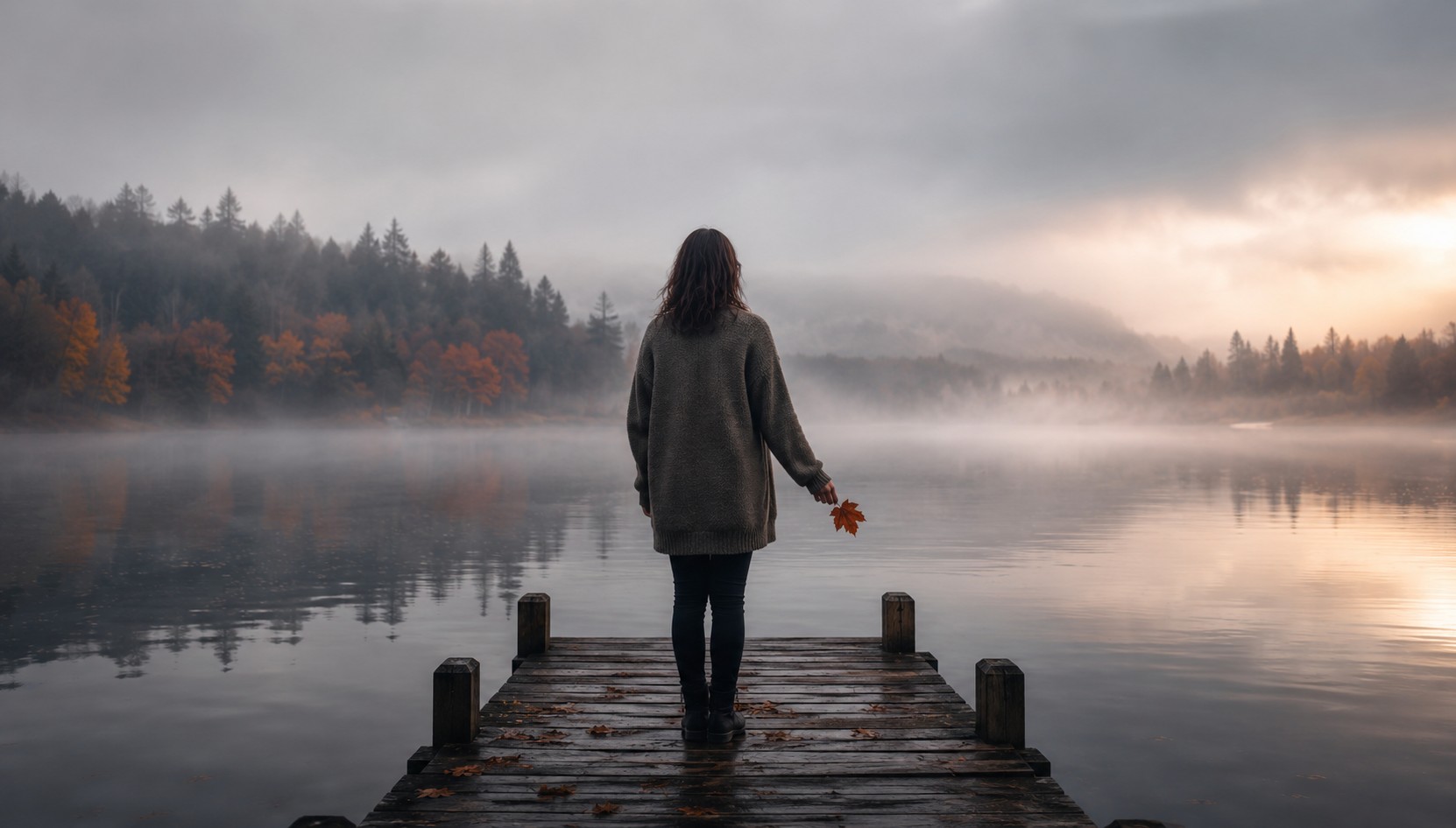 a woman stands alone at the end of a weathered dock by a misty autumn lake at dawn, holding a single fallen leaf at her side, capturing the quiet courage of letting go of someone you still love