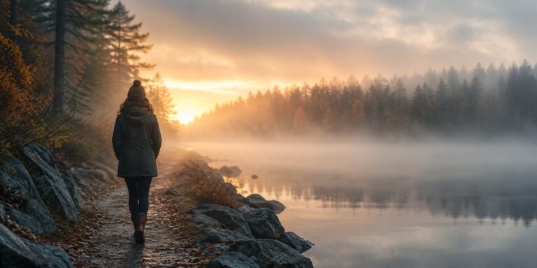 moving on, a woman walks alone along a misty lakeshore path at dawn, heading toward a golden sunrise breaking through the fog, capturing the quiet hope of moving on after a breakup