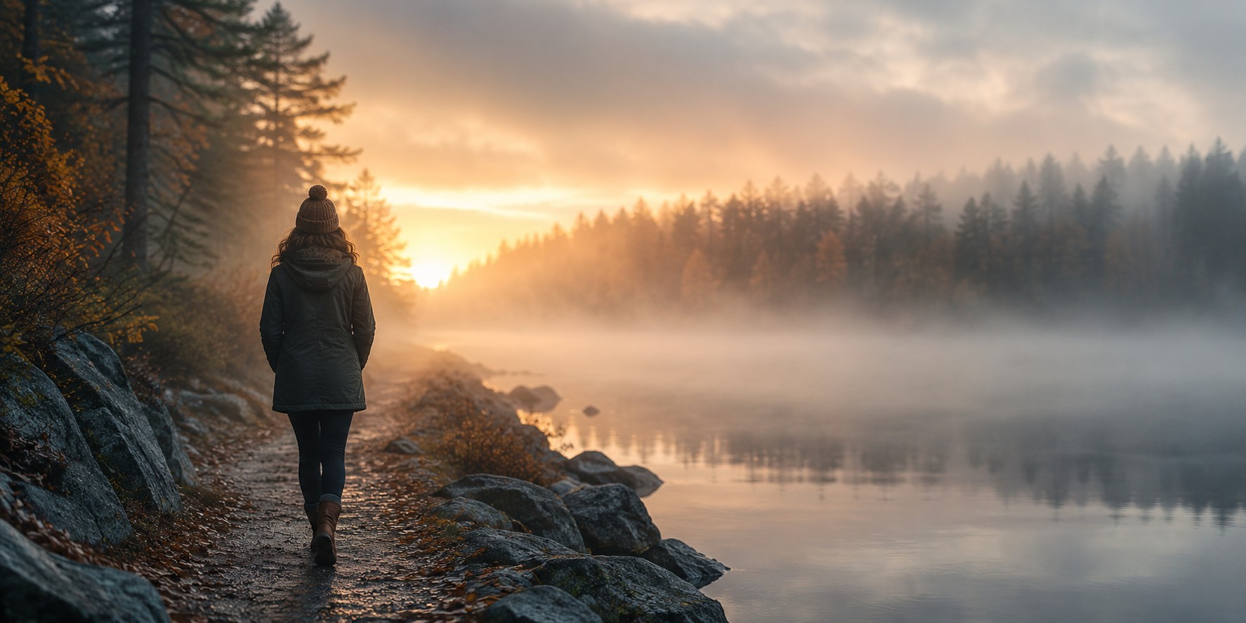 moving on, a woman walks alone along a misty lakeshore path at dawn, heading toward a golden sunrise breaking through the fog, capturing the quiet hope of moving on after a breakup