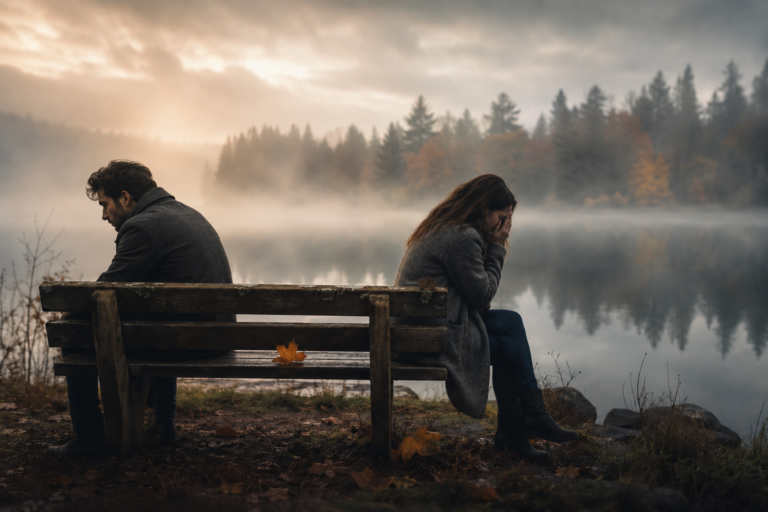 a grieving man and woman sit apart on a weathered bench by a misty autumn lake, turned away from each other in heartbreak, illustrating the stages of grief after a breakup, james c tanner, calico gold books, calico gold publishing