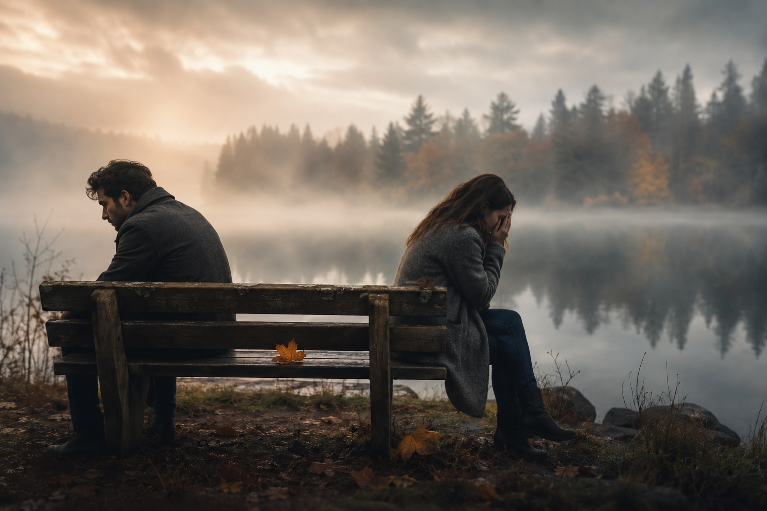 a grieving man and woman sit apart on a weathered bench by a misty autumn lake, turned away from each other in heartbreak, illustrating the stages of grief after a breakup, james c tanner, calico gold books, calico gold publishing